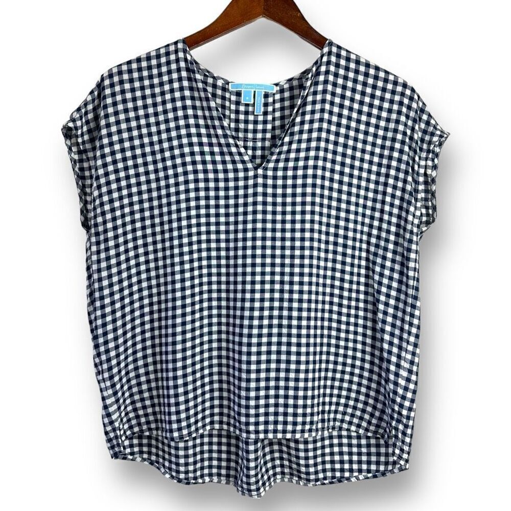 Draper James Size 8 Cap Sleeve Gingham Plaid Blouse Blue Checker Top Cottagecore